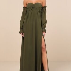 Lulus Glorious Invite Olive Green Knotted Off-the-shoulder Maxi Dress - Size M